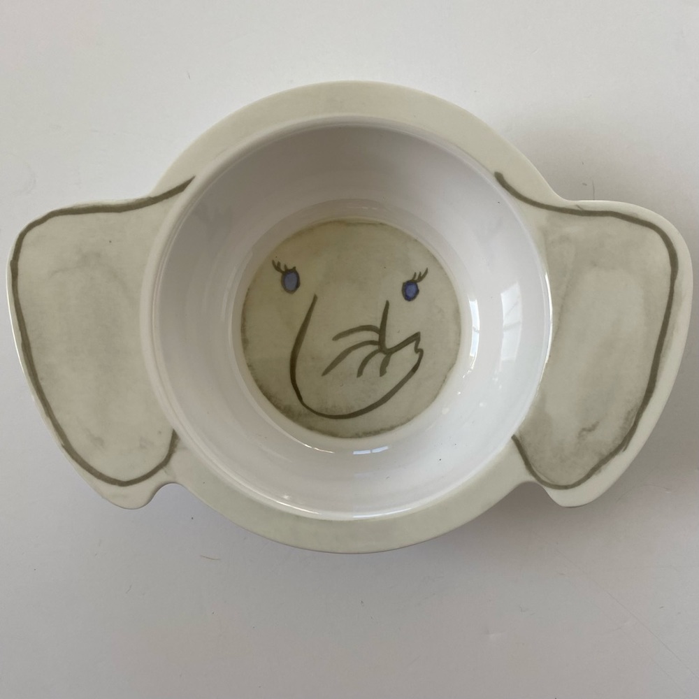 Pottery Barn Kids Elephant Handle Ceramic Bowl - White, Gray, Purple Accents